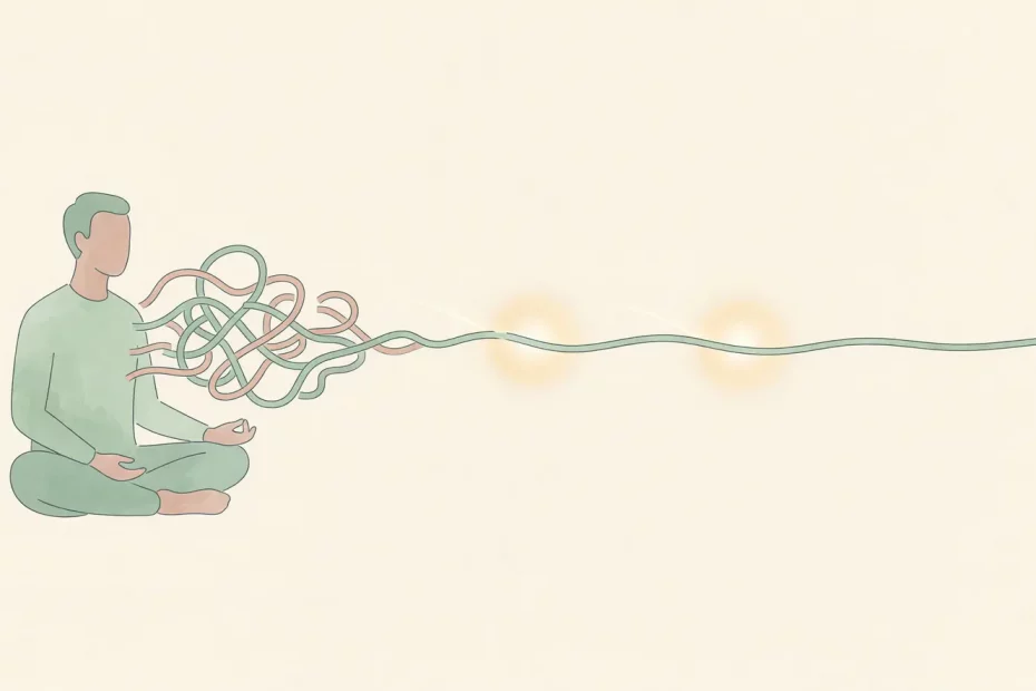 Ilustrasi digital flat dengan sentuhan cat air yang menggambarkan proses pemulihan trauma menggunakan EMDR, menyoroti penurunan intensitas memori traumatis.