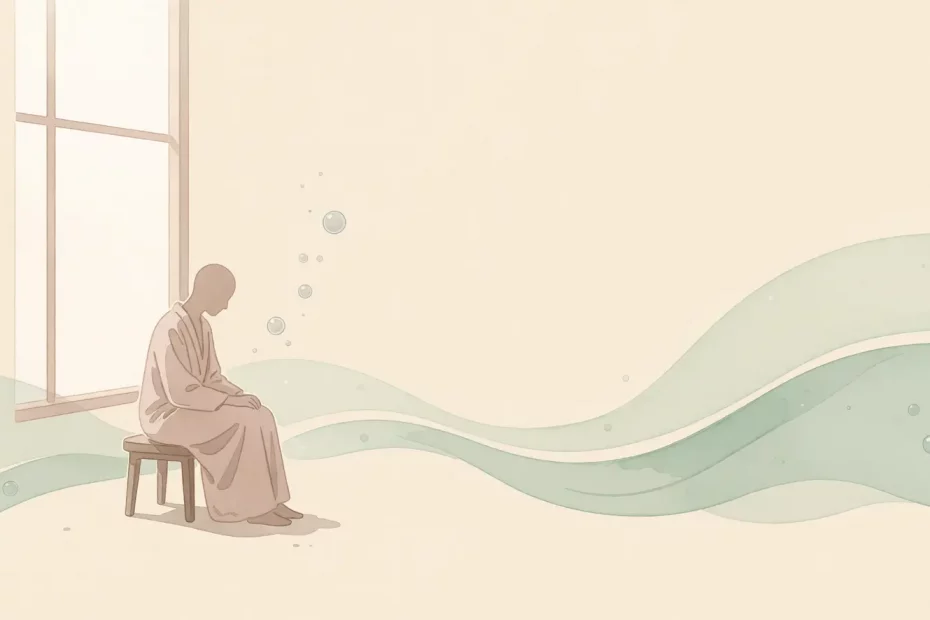 Ilustrasi digital bergaya cat air lembut tentang seseorang yang sedang duduk termenung di samping jendela besar, dengan simbol melankolis seperti gelembung sabun halus yang mengambang, merefleksikan tema grief yang tidak pernah selesai.