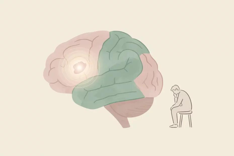 Ilustrasi flat digital sederhana menunjukkan otak dengan alarm menyala terang di area kecil yang merepresentasikan amigdala, sementara bagian otak yang lebih besar, seperti korteks prefrontal, tampak redup, menjelaskan proses otak saat trauma.