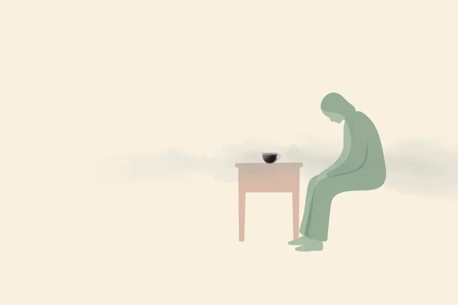 Ilustrasi seorang figur manusia duduk termenung di tepi tempat tidur dengan selimut yang mengumpul, merepresentasikan rasa kehilangan semangat hidup setelah ditinggal orang tersayang.