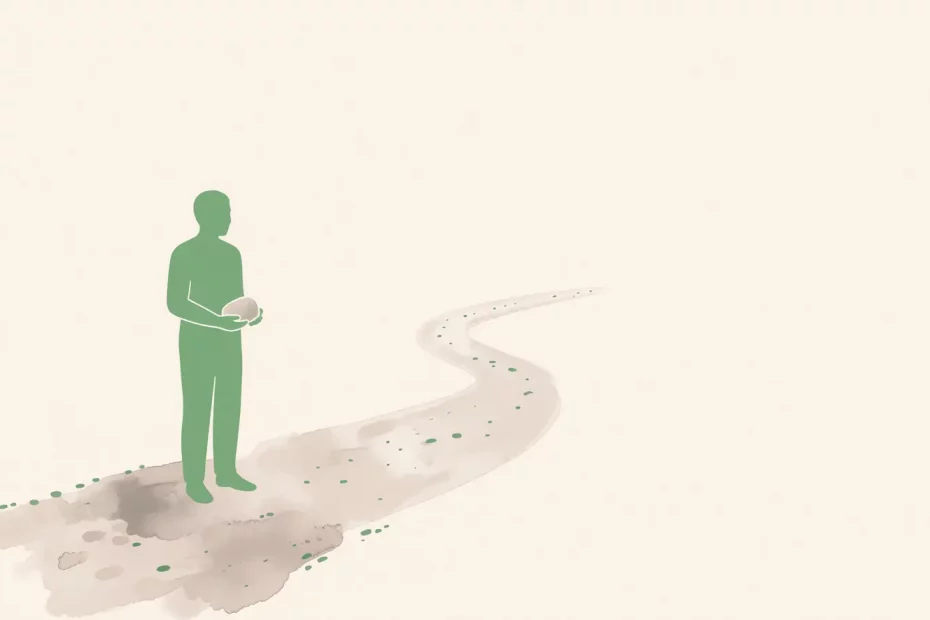 Ilustrasi proses pemulihan trauma yang ditandai dengan seorang figur mulai melihat peta perjalanan yang sebelumnya kabur menjadi lebih jelas, menangkap tanda-tanda kemajuan diri.