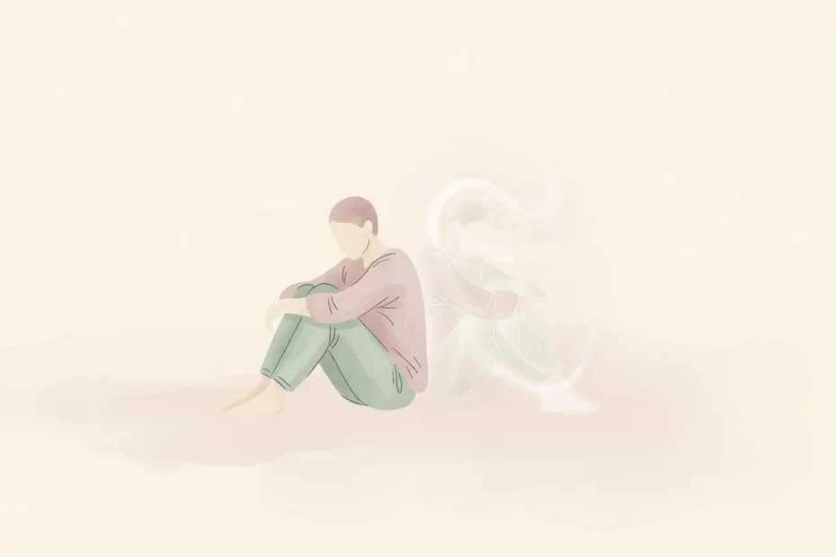 Ilustrasi digital bergaya cat air lembut menggambarkan seseorang yang diam di bawah cahaya redup, melambangkan trauma yang sudah lama berlalu namun bekasnya masih terasa.