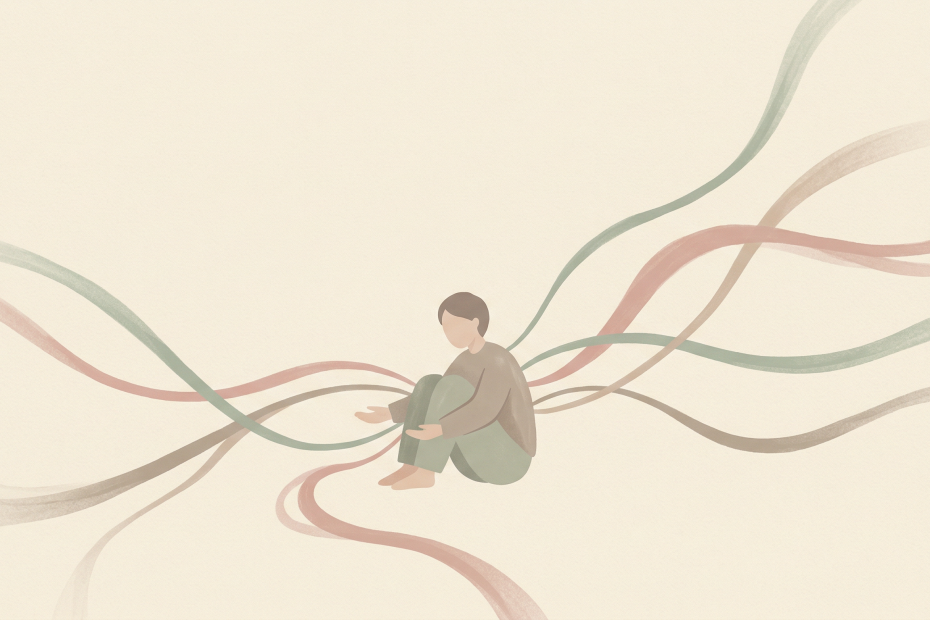 Ilustrasi figur duduk dikelilingi benang-benang yang mengalir keluar, menggambarkan kelelahan welas asih atau compassion fatigue