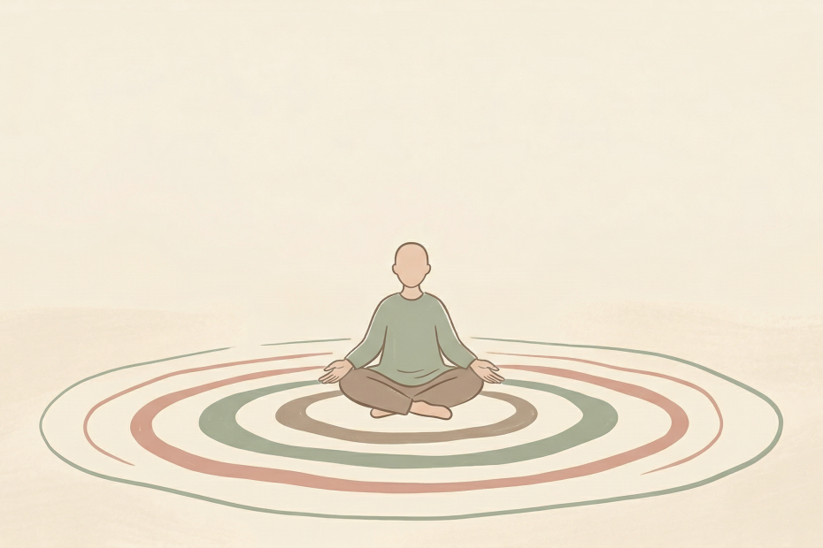 Ilustrasi figur duduk bersila di tengah cincin konsentris, menggambarkan teknik grounding untuk kembali hadir di momen saat ini