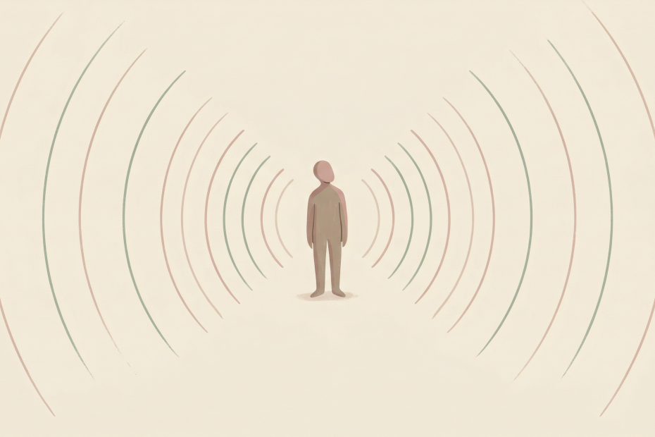 Ilustrasi figur berdiri diam di tengah gelombang konsentris yang memancar ke segala arah, menggambarkan hypervigilance atau kewaspadaan berlebih akibat trauma