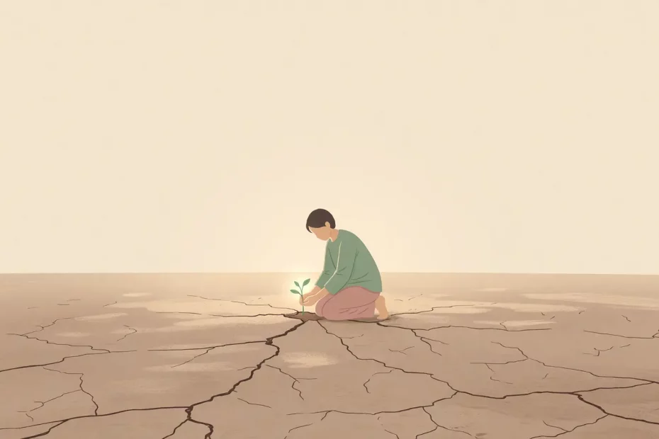 ilustrasi figur menanam tunas kecil di tanah retak dengan cahaya di cakrawala - rangkuldiri