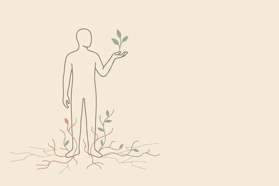 Ilustrasi figur manusia berdiri memegang tunas tanaman di telapak tangan dengan akar tumbuh dari tanah, melambangkan post-traumatic growth dan pertumbuhan pasca trauma