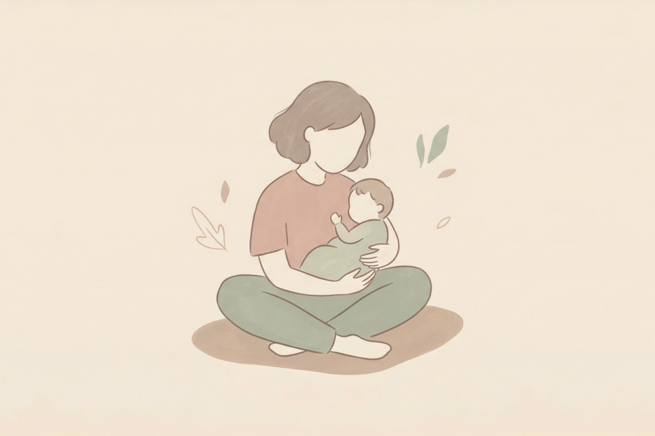 Ilustrasi figur dewasa duduk bersila memeluk figur kecil dengan lembut, menggambarkan konsep re-parenting atau mengasuh diri sendiri