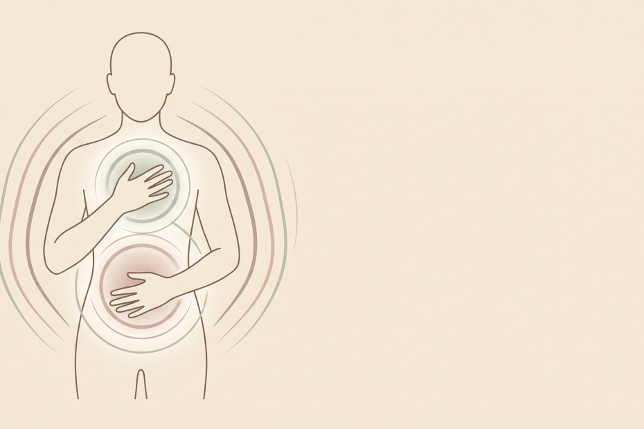 Ilustrasi figur manusia dengan tangan di dada dan perut dan cincin konsentris memancar dari dalam tubuh, melambangkan trauma somatik yang tersimpan di tubuh