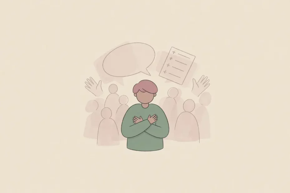 Ilustrasi figur kecil memeluk diri, menggambarkan proses menerima kebutuhan diri saat mengalami ableisme terinternalisasi.