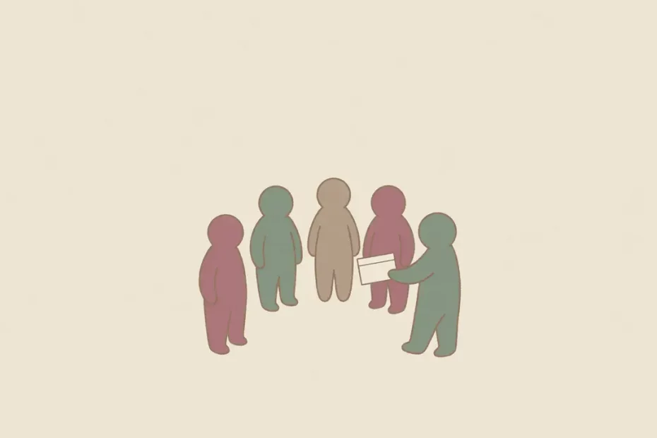 Ilustrasi beberapa figur sederhana membentuk lingkaran dengan warna berbeda yang harmonis, melambangkan akomodasi yang layak.