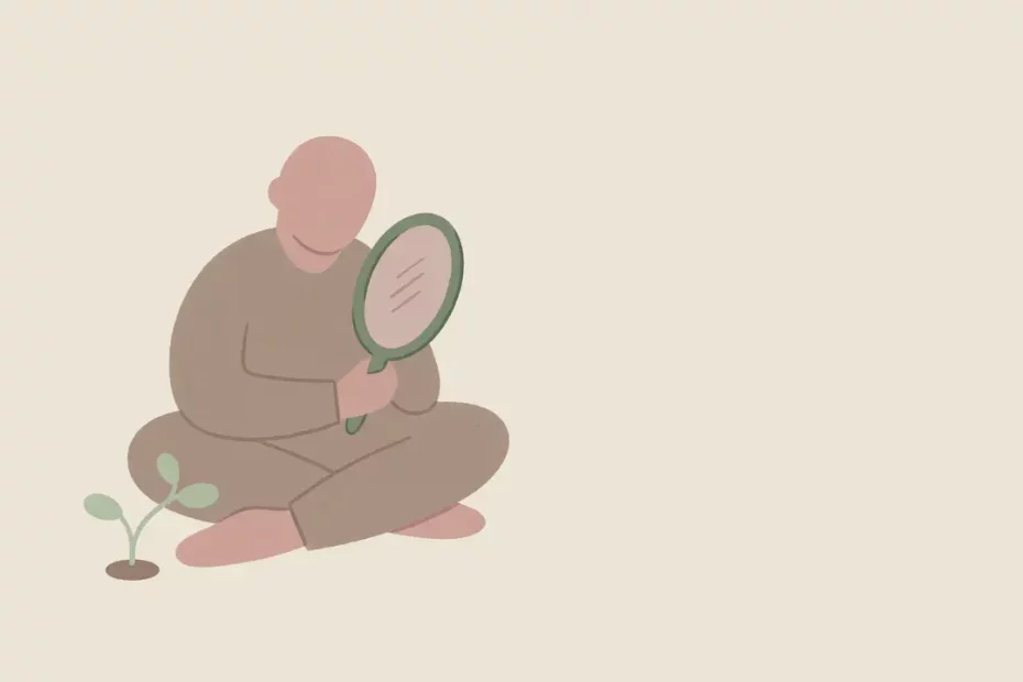 Ilustrasi figur kecil tanpa wajah memegang cermin retak halus, benih tumbuh pelan; tema berhenti menyalahkan diri setelah salah.