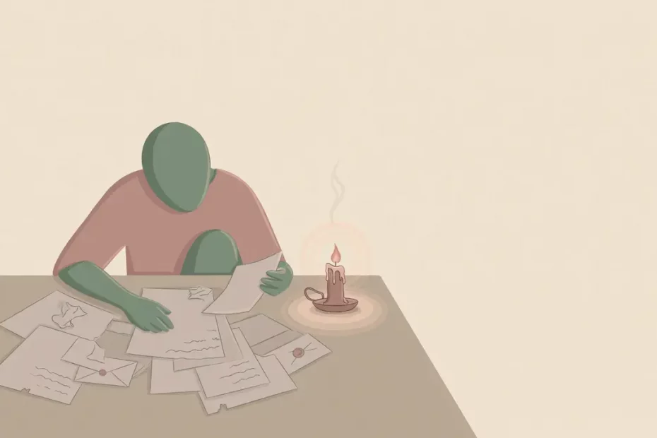 Ilustrasi figur kecil di meja dengan banyak kertas dan lilin hampir padam, menggambarkan burnout relasional.