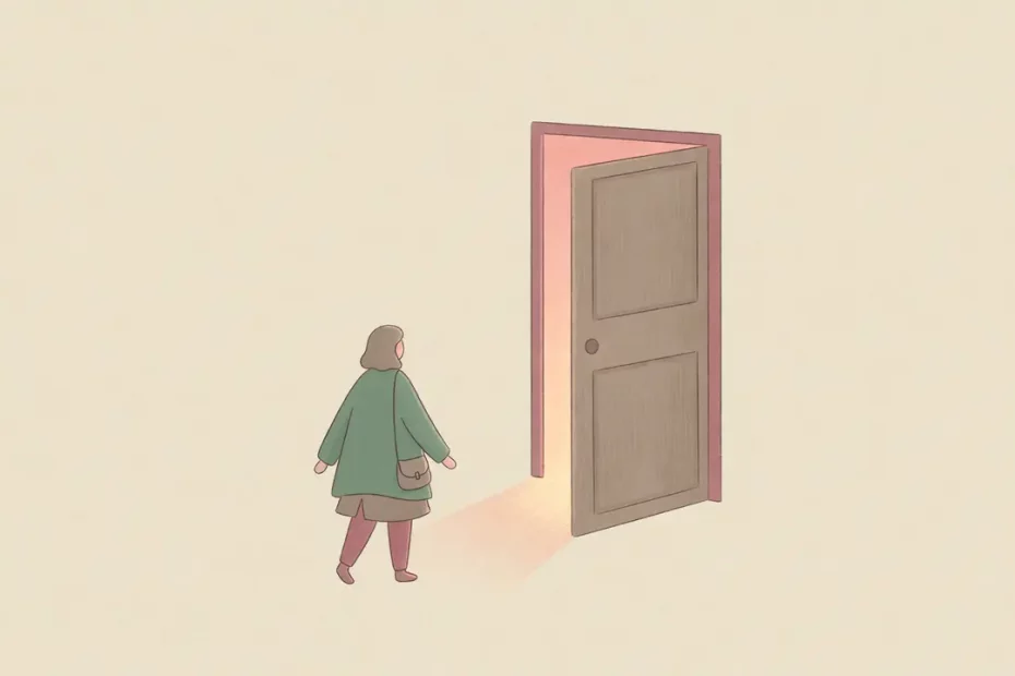 Ilustrasi figur kecil di depan pintu terbuka dengan cahaya hangat, menggambarkan langkah pelan keluar dari isolasi sosial.