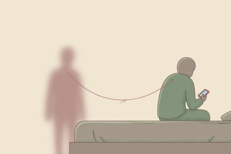 Ilustrasi dua figur minimalis terhubung benang tipis, menggambarkan komunikasi pasif-agresif dalam hubungan.
