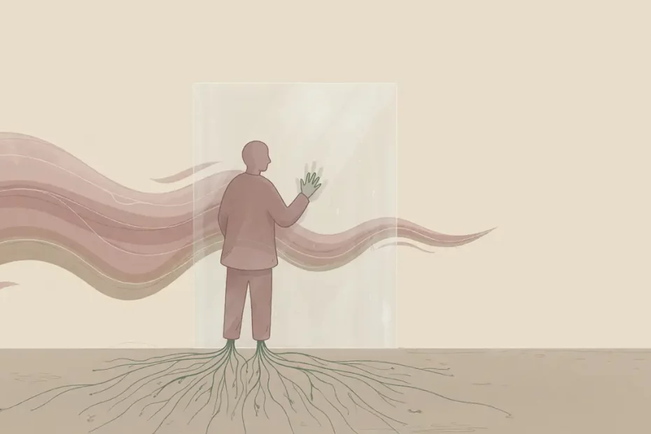 Ilustrasi figur kecil di balik kaca dengan akar lembut dan gelombang emosi, menggambarkan window of tolerance saat stres/trauma.