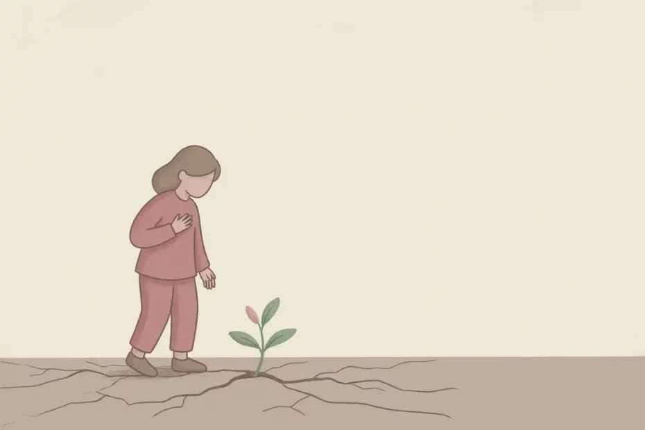 Ilustrasi figur kecil berdiri di tanah retak dengan tunas baru, melambangkan membangun ulang hidup setelah krisis.