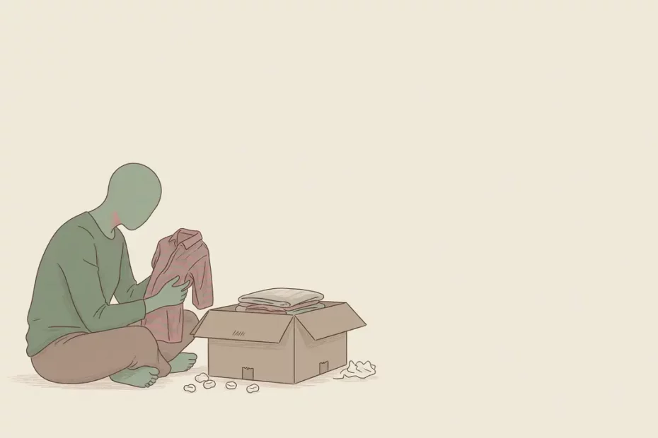 Ilustrasi figur kecil membuka kardus barang peninggalan dengan lembut, menggambarkan proses memilah kenangan saat berduka.