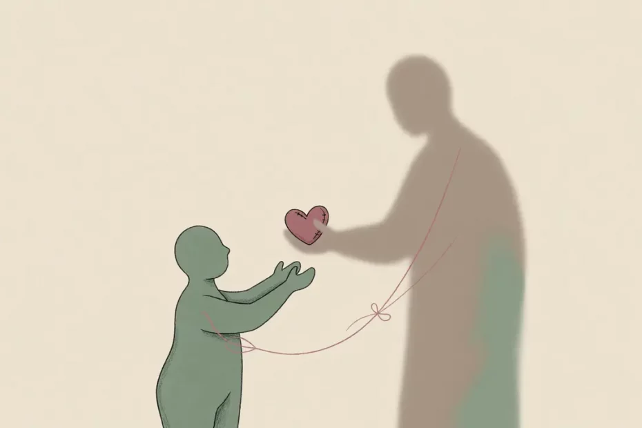 Ilustrasi figur kecil tanpa wajah menenangkan orang lain, dengan benang lembut; menggambarkan respons fawn akibat trauma.